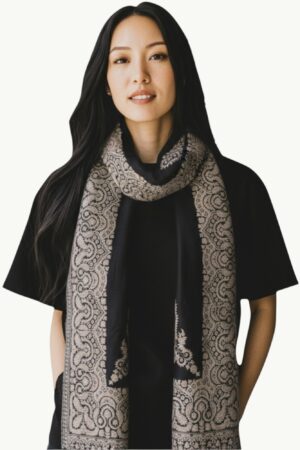 A Shahposh Sophisticated Woolen Stole with Ornate Embroidery Along the Edges and Front.