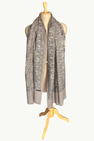 A Shahposh Versatile Beige Pure Wool Stole with Jaal work&Peacock Motifs