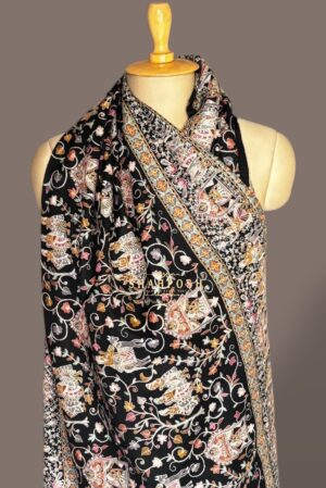 A luxury Shahposh Black Pure wool stole with Traditional Embroidery Motifs & Floral Design.
