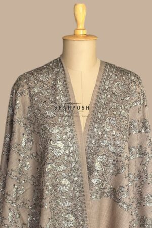 A Shahposh Versatile Beige Pure Wool Stole with Jaal work&Peacock Motifs