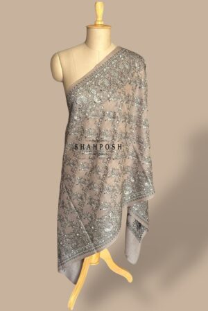 A Shahposh Versatile Beige Pure Wool Stole with Jaal work&Peacock Motifs