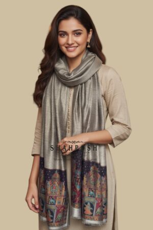 A Shahposh Fine Wool Golden-Beige Stole with multicolor Ancient Pattern