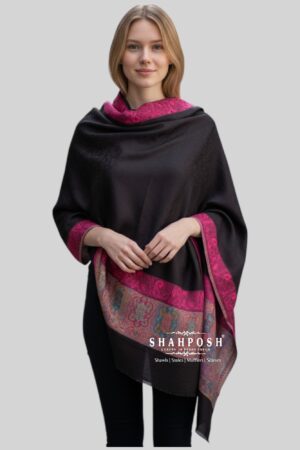 A Shahposh Fine Wool Soft Touch Black&Pink Stole with Border