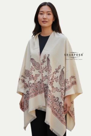 A shahposh creamy white Stole with prominent peacock motifs and detailed Paisley.