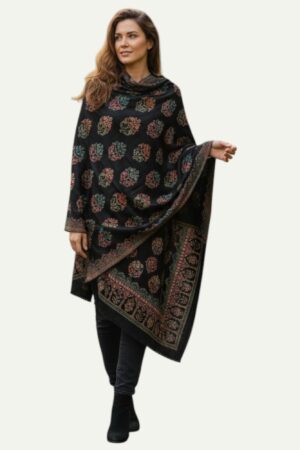 A Black Shaposh Circular multi coloured - hued floral bootis Woolen Stole.