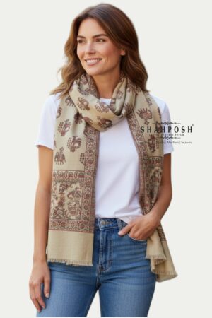 A Shahposh Pashmina Stole with elephants Print and folk art patterns