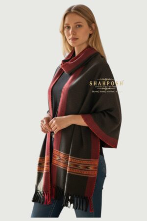 A Shahposh Dark Grey Woolen stole with rich maroon borders, intricate Kullu traditional patterns.