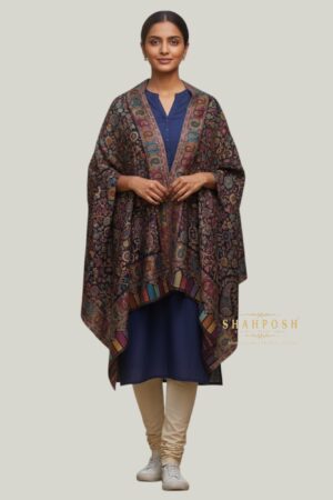 A Shahposh intricately patterned shawl with colorful floral and paisley designs.