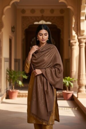 A Shahposh Brown Pure Wool Soft Self Design Pashmina Shawl.