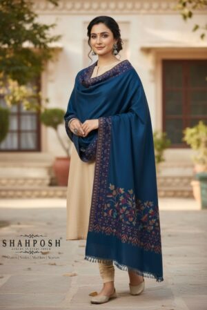 A Shahposh Unisex Viscose Wool Blend Royal Blue Stole with Paisley Pattern