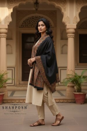 A Shahposh Unisex fine wool black Shawl with beautiful paisley and ancient design on borders