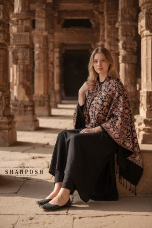 A Shahposh Unisex fine wool  warm black with beautiful paisley embroidered jaal stole 