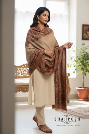 A Shahposh Unisex fine wool beige with beautiful paisley and ancient design on borders