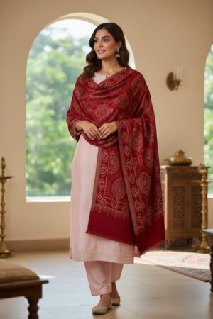 A Shahposh Red Viscose wool Blend paisley Design stole for Women.