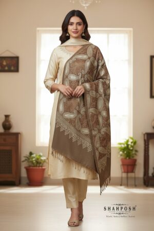 A Shahposh Fine wool Light brown with beautiful golden and metallic paisley embroided stole